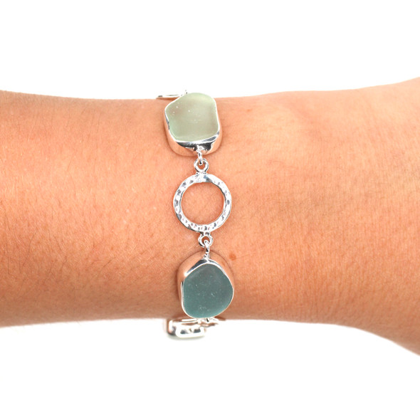 Sky Sea Glass 5 Stone Circle Bracelet on model for color reference. 