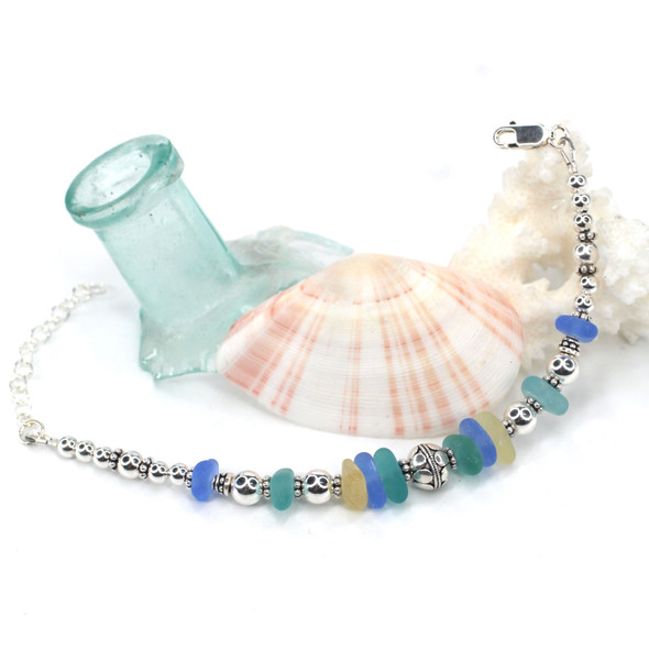 Sunrise Blues Sea Glass  Beaded Bracelet