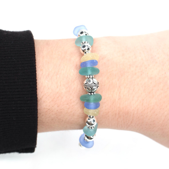 Sunrise Blues Sea Glass and Pearl Beaded Bracelet on model for color reference.