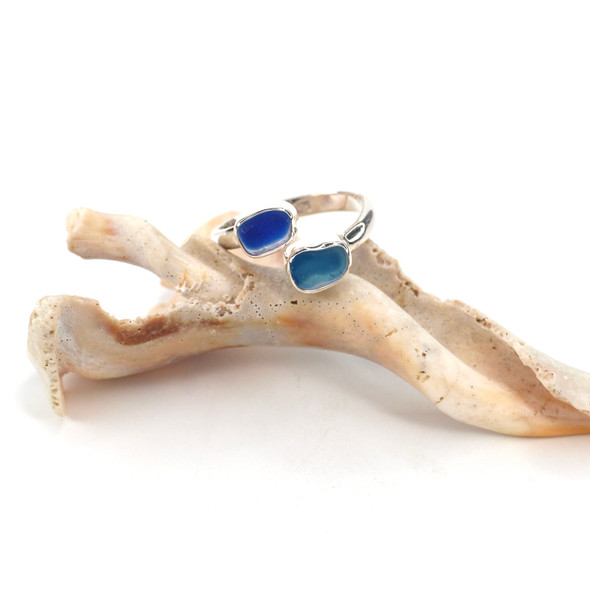 Turquoise and Vibrant Blue Spot Ultra Rare Sea Glass Bypass Ring - Size 9