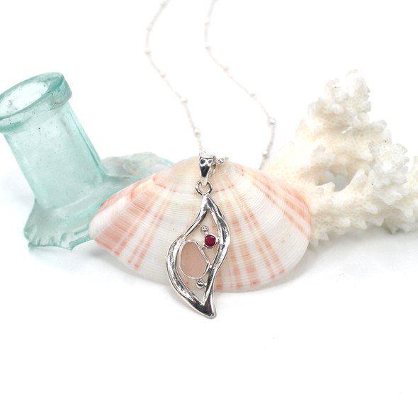 Pink Sea Glass and Ruby Wavy Necklace