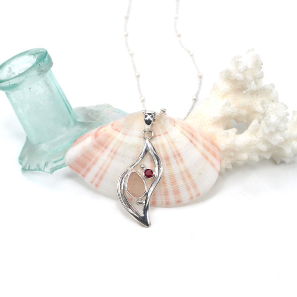 Pink Teardrop Sea Glass and Ruby Wavy Necklace