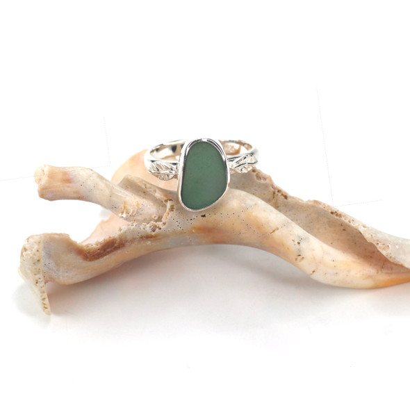 Olive Forest Sea Glass Little Leaf Ring - Size 9 Olive Forest Sea Glass Little Leaf Ring - Size 9