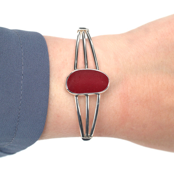 Red Sea Glass Three Piece Bracelet on model for color reference. Red Sea Glass Three Piece Bracelet on model for color reference.