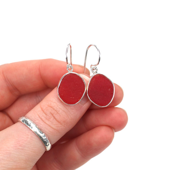 Red Rounded Sea Glass Bezel Set Earrings