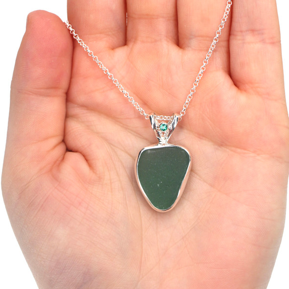 Olive Green Sea Glass and Emerald Split Bail Necklace on model for color reference.