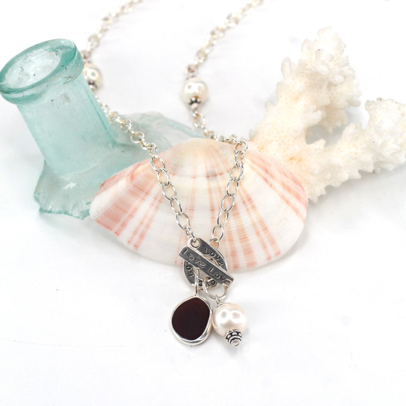 Red Deep Sea Glass and Pearl Love Toggle Necklace - 20" Length