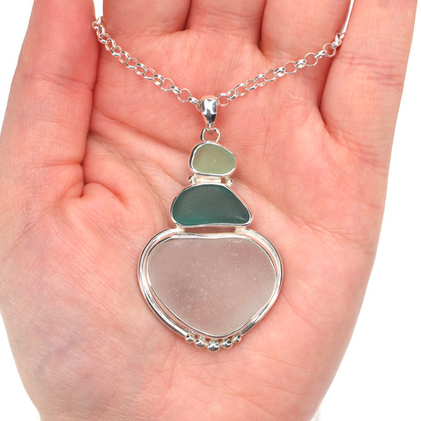 Sky Vibrant Sea Glass 3 Tier Beaded Necklace on model for color reference. 