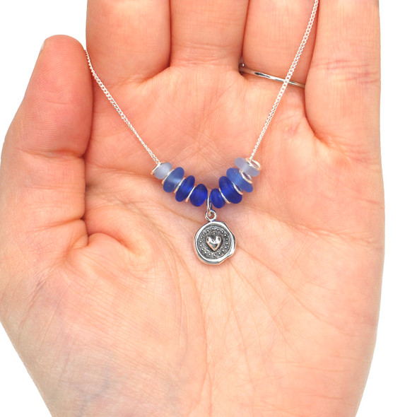 Cobalt Cornflower Ombre 8 Stone Sea Glass Heart Circle Necklace - 16"-18" Length on model for color reference. 