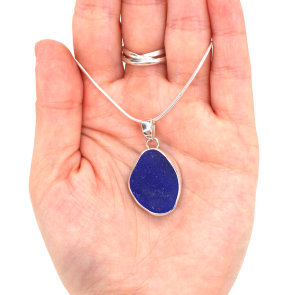 Cobalt Bright Sea Glass Single Bezel Necklace on model for color reference. 