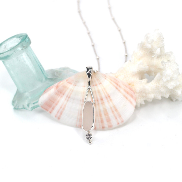 White Oval Sea Glass and Rose Quartz Lunar Drop Necklace