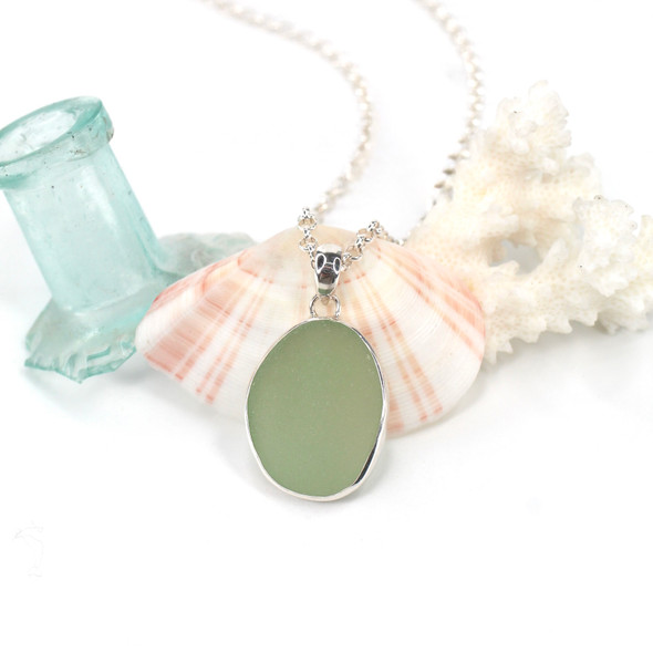 Seafoam Bright Oval Sea Glass Bezel Necklace