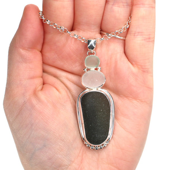 Olive and Seafoam Ombre Sea Glass Empress Ultramod Necklace on model for color reference. Olive and Seafoam Ombre Sea Glass Empress Ultramod Necklace on model for color reference.