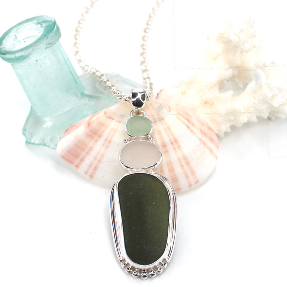 Olive and Seafoam Ombre Sea Glass Empress Ultramod Necklace Olive and Seafoam Ombre Sea Glass Empress Ultramod Necklace