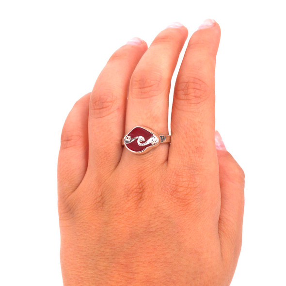 Red Sea Glass Wave Ring on model for color reference.
Red Sea Glass Wave Ring on model for color reference.