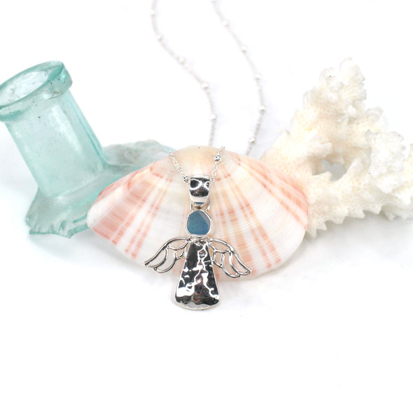 Turquoise Lagoon Spot Ultra Rare Sea Glass Angel Necklace