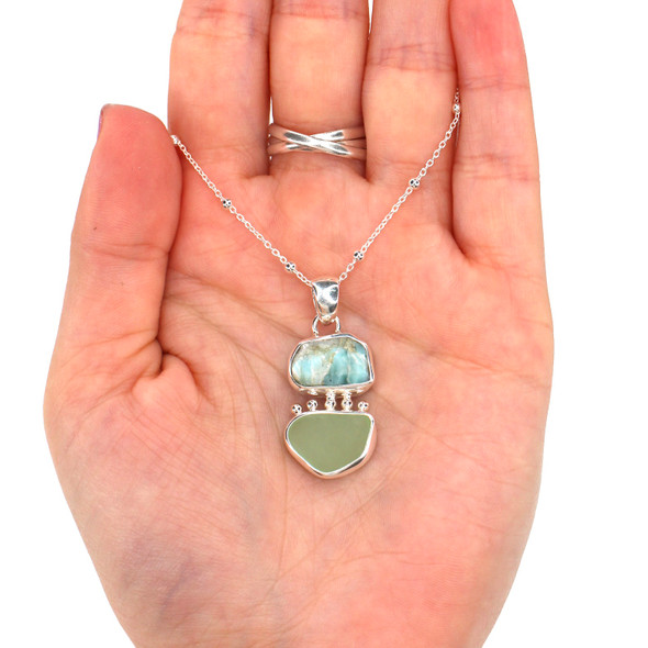 Seafoam Sea Glass and Larimar Double Necklace on model for color reference. 
