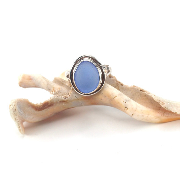 Cornflower Oval Sea Glass Double Bezel Ring - Size 9