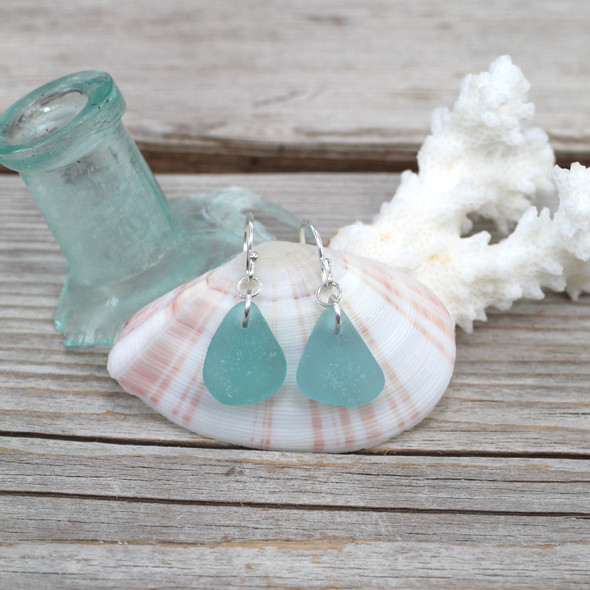Aqua Triangle Drop Sea Glass Earrings