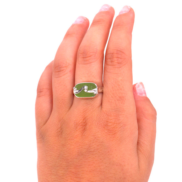 Lime Green Sea Glass Wave Ring on model for color reference. 
