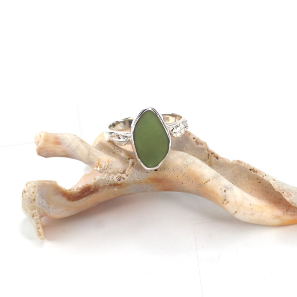 Olive Breeze Sea Glass Little Leaf Ring - Size 9 Olive Breeze Sea Glass Little Leaf Ring - Size 9