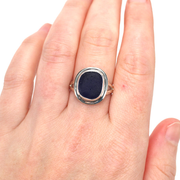 Cobalt Sea Glass Double Bezel Ring - Size 9 on model for color reference. Cobalt Sea Glass Double Bezel Ring - Size 9 on model for color reference.