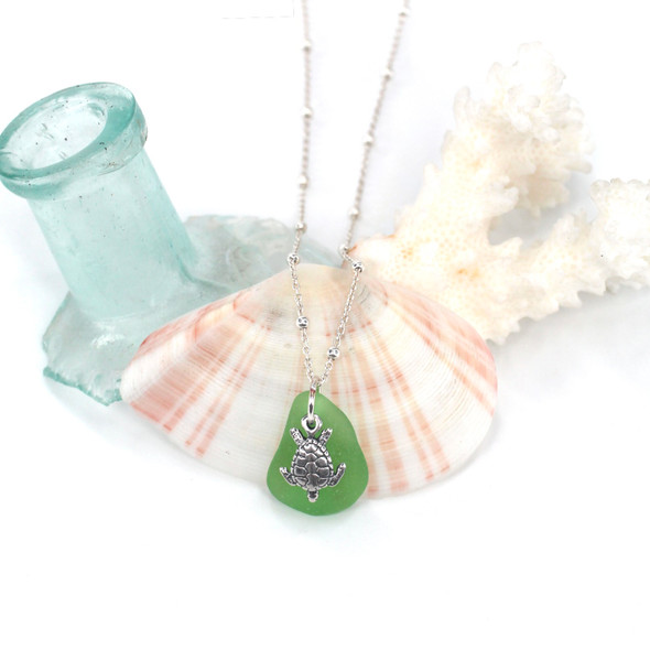 Green Sea Glass Turtle Nautical Necklace