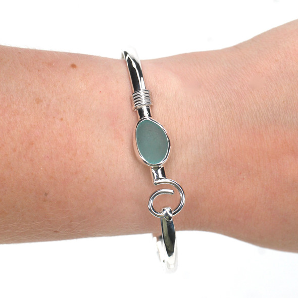 Aqua Oval Sea Glass Nautical Twist Bracelet on model for color reference. 