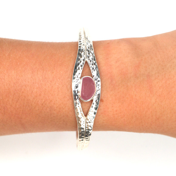 Lilac Sea Glass Hammered Cuff Bracelet on model for color reference. Lilac Sea Glass Hammered Cuff Bracelet on model for color reference.