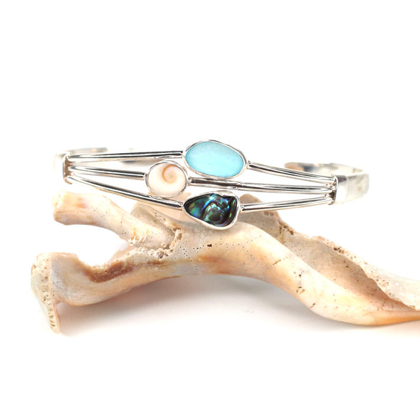 Aqua Light Sea Glass Three Piece Cuff Bracelet Aqua Light Sea Glass Three Piece Cuff Bracelet