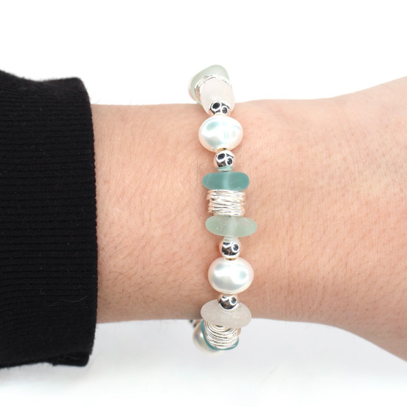 Sky Sea Glass and Pearl Beaded Bracelet on model for color reference.