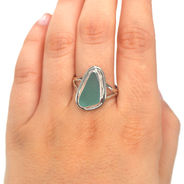Aqua Sea Glass Double Bezel Ring - Size 9 on model for color reference. Aqua Sea Glass Double Bezel Ring - Size 9 on model for color reference.