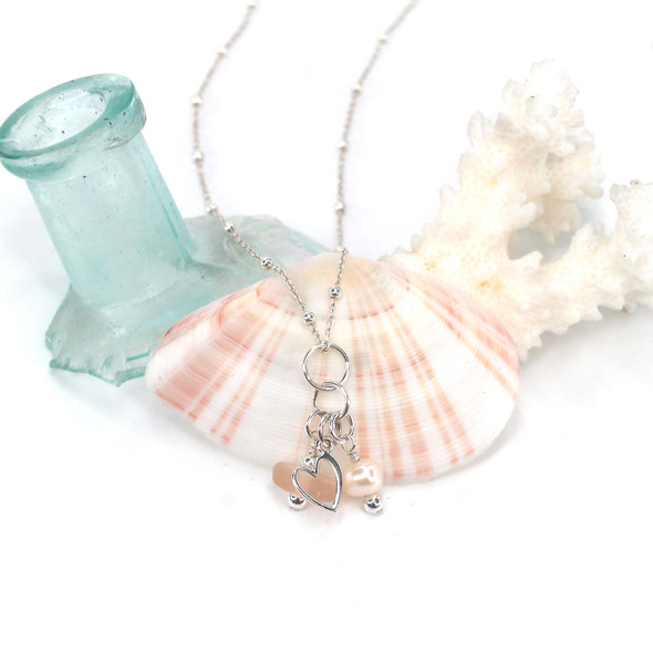 Pink Petal Sea Glass and Pearl Heart Charm Necklace