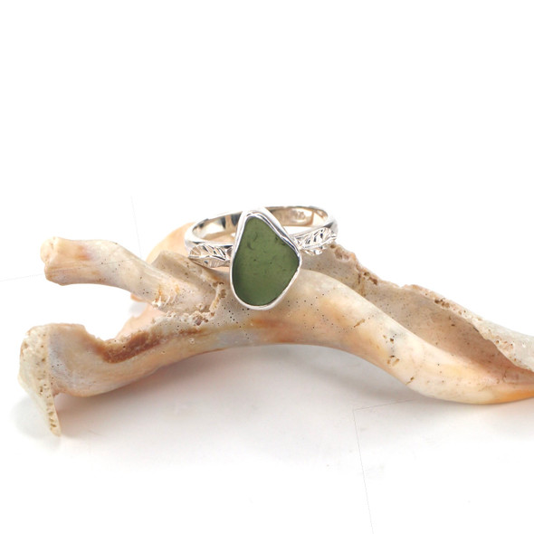 Olive Leaf Sea Glass Little Leaf Ring - Size 9 Olive Leaf Sea Glass Little Leaf Ring - Size 9