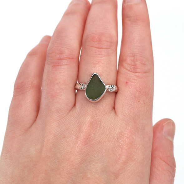 Olive Leaf Sea Glass Little Leaf Ring - Size 9 on model for color reference. Olive Leaf Sea Glass Little Leaf Ring - Size 9 on model for color reference.