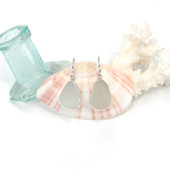 White Winter Sea Glass Single Bezel Earrings