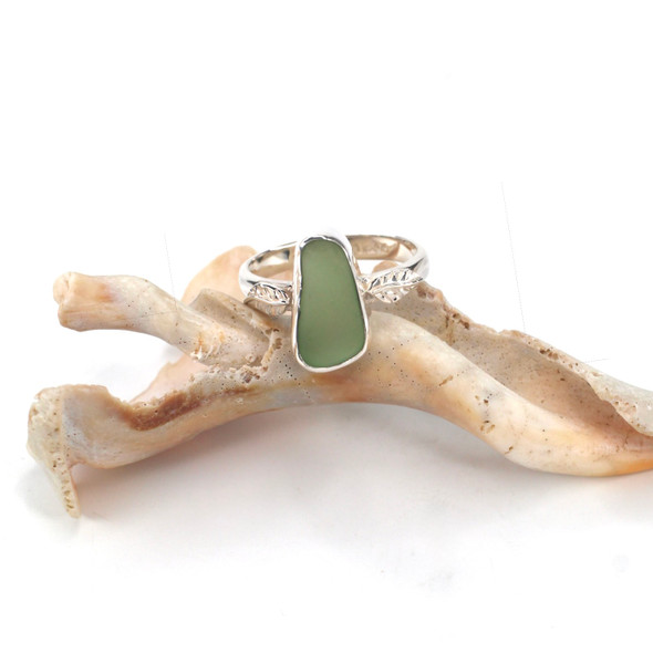 Olive Elongated Sea Glass Little Leaf Ring - Size 9 Olive Elongated Sea Glass Little Leaf Ring - Size 9