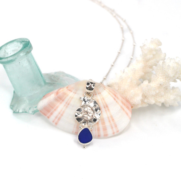 Cobalt Midnight Sea Glass and Silver Nautilus Necklace 
