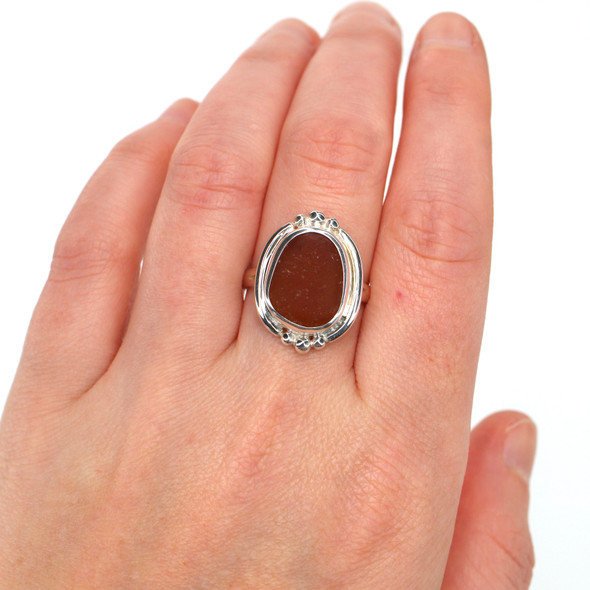 Amber Rounded Sea Glass Trio Bead Ring - Size 9 on model for color reference. Amber Rounded Sea Glass Trio Bead Ring - Size 9 on model for color reference.