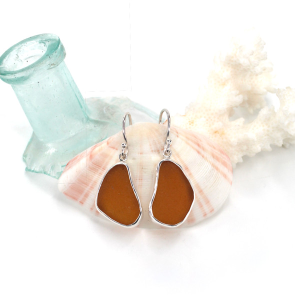 Amber Warm Sea Glass Single Bezel Earrings Amber Warm Sea Glass Single Bezel Earrings