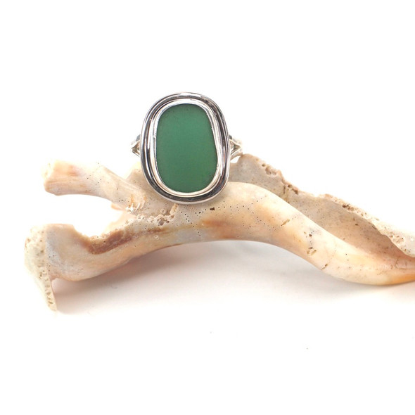 Olive Sea Glass Double Bezel Ring - Size 9 Olive Sea Glass Double Bezel Ring - Size 9