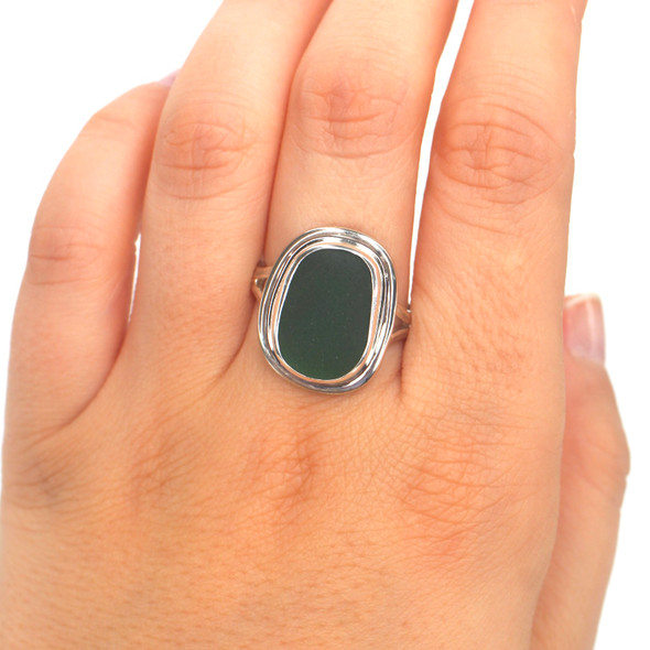 Olive Sea Glass Double Bezel Ring - Size 9 on model for color reference. Olive Sea Glass Double Bezel Ring - Size 9 on model for color reference.