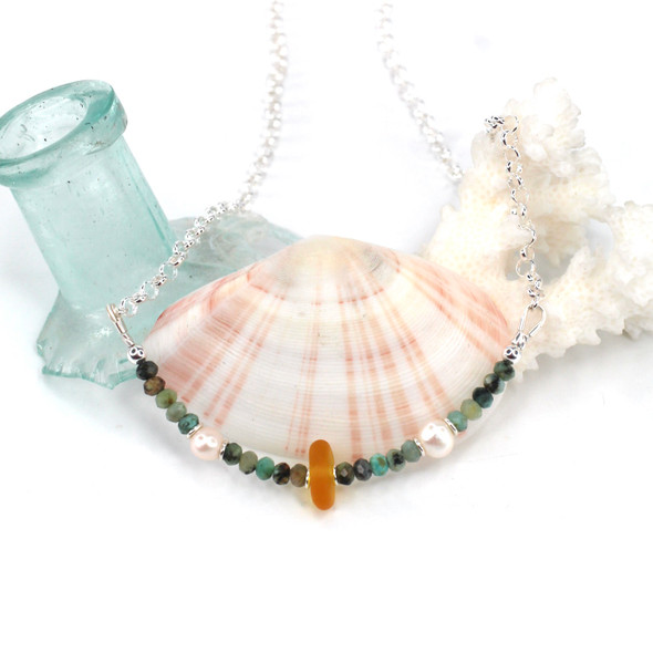 Tangerine Sea Glass Pearl and Turquoise Gemstone Necklace Tangerine Sea Glass Pearl and Turquoise Gemstone Necklace