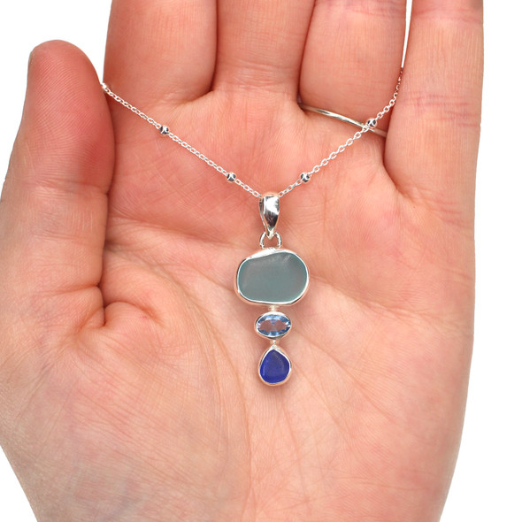 Aqua and Cobalt Sea Glass and Aquamarine Three Tier Necklace on model for color reference. 