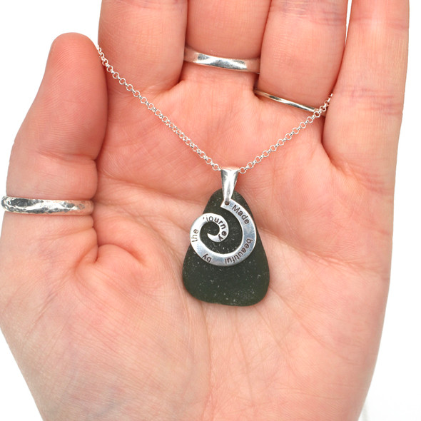 Olive Sea Glass Journey Necklace on model for color reference.