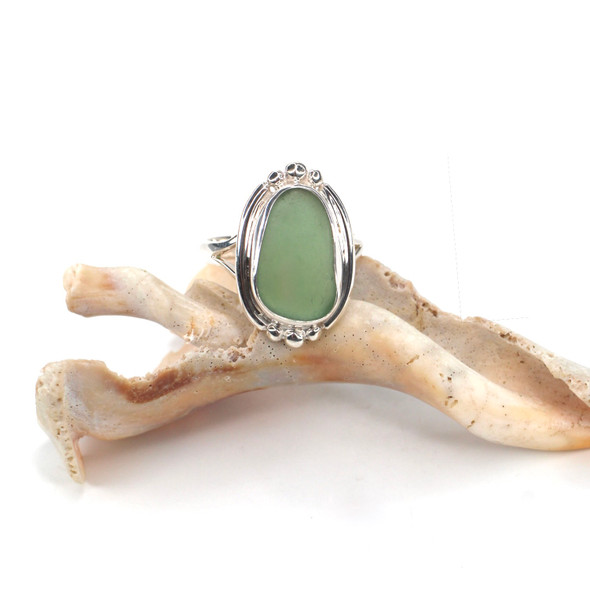 Olive Elongated Sea Glass Trio Bead Ring - Size 9 Olive Elongated Sea Glass Trio Bead Ring - Size 9