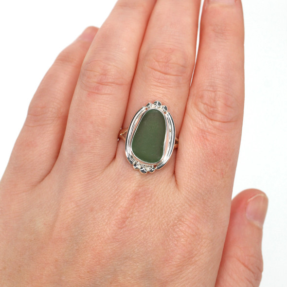 Olive Elongated Sea Glass Trio Bead Ring - Size 9 on model for color reference. Olive Elongated Sea Glass Trio Bead Ring - Size 9 on model for color reference.