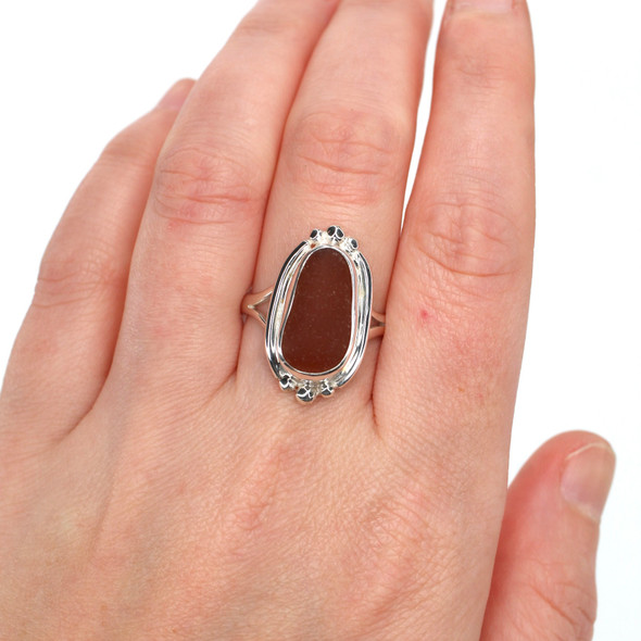 Amber Sea Glass Trio Bead Ring - Size 9 on model for color reference. Amber Sea Glass Trio Bead Ring - Size 9 on model for color reference.