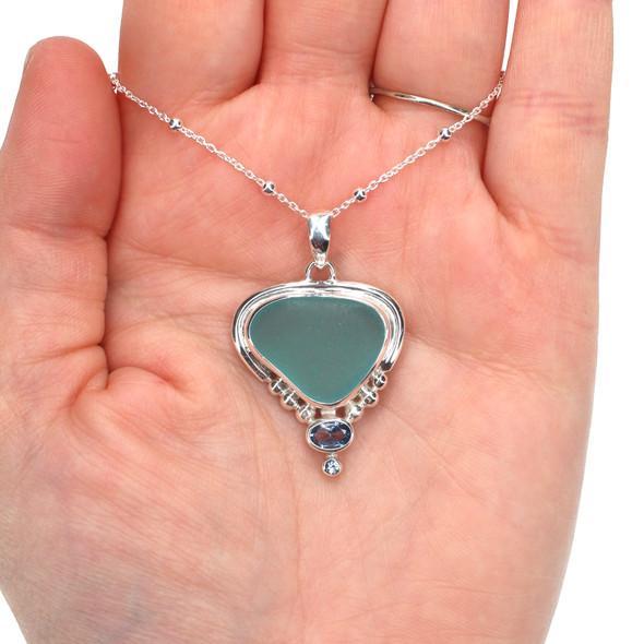 Aqua Sea Glass and Aquamarine Ocean Empress Necklace on model for color reference. 