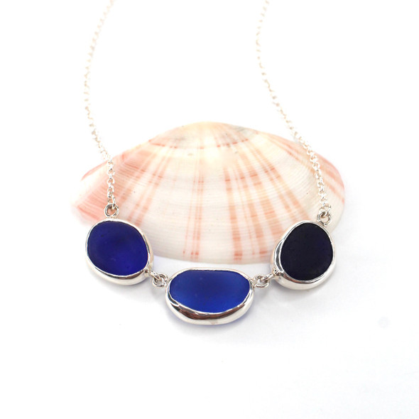 Cobalt Ombre Sea Glass 3 Stone Reversible Necklace on 16"-18" chain